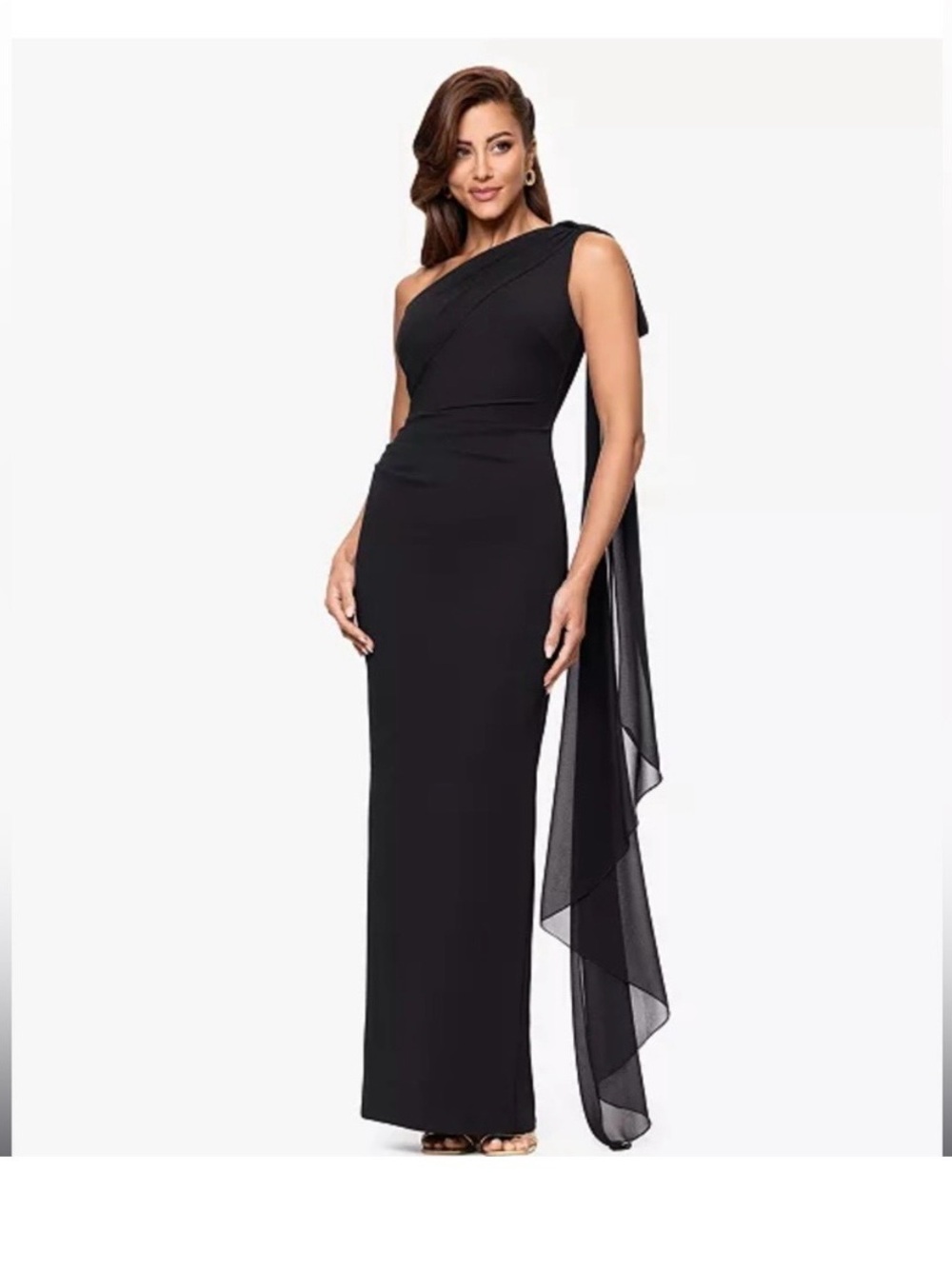 Xscape Black One-Shoulder Evening Gown with Draped Cape